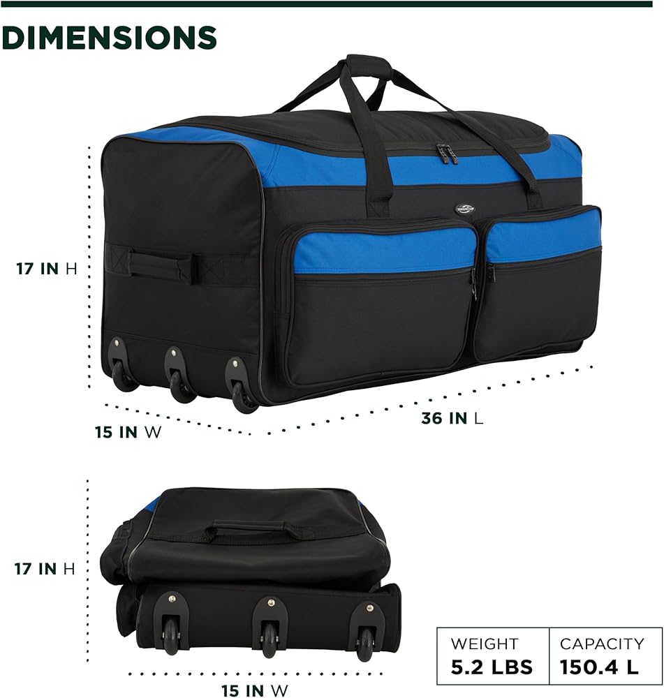 Travelers Club Space Saver 36" Tri-Fold Rolling Duffel With 3 Blade Wheels - Black/Blue