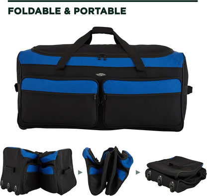 Travelers Club Space Saver 36" Tri-Fold Rolling Duffel With 3 Blade Wheels - Black/Blue