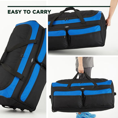Travelers Club Space Saver 36" Tri-Fold Rolling Duffel With 3 Blade Wheels - Black/Blue